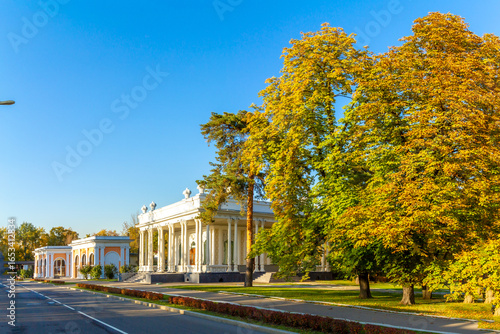 Photography Beautiful single-story pavilions in Stalinist Empire style on a quiet VDNKh alley, surrounded by golden autumn foliage and pine trees under clear blue sky