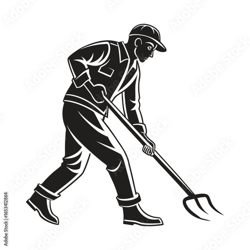 Farmhand with Pitchfork in Action: A hardworking farmhand, captured in a monochromatic style, meticulously uses a pitchfork, embodying the essence of rural labor and agricultural dedication.