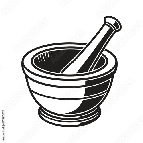 Mortar and Pestle Illustration: A monochrome illustration of a mortar and pestle, essential tools for grinding and mixing ingredients in various culinary and medicinal practices. 