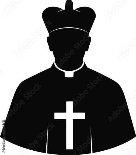 Silhouette of priest with cross and mitre isolated on transparent background