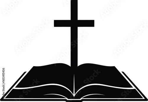 Open black bible with cross symbol isolated on transparent background