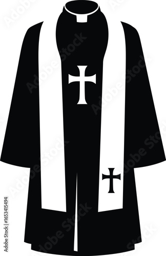 Black clergy robe with white cross stole, isolated on transparent background