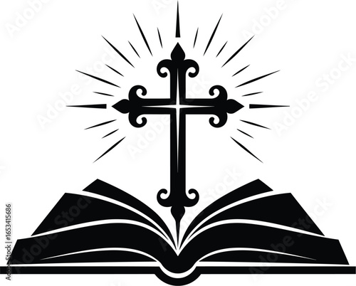 Open bible with cross and radiant light isolated on transparent background
