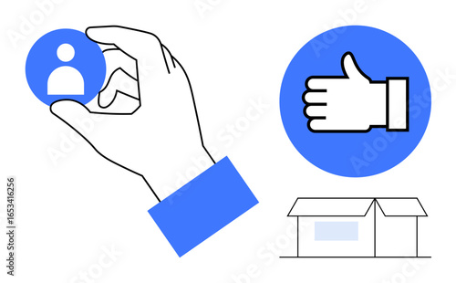 Hand holding user icon, thumbs-up approval, and box symbolizing choices, ratings, and delivery. Ideal for recruitment, customer feedback, e-commerce, logistics user engagement quality control