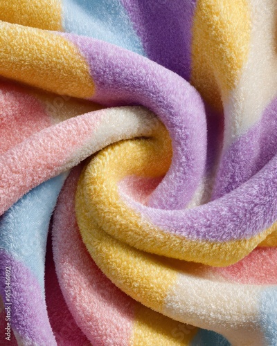 Close up view of a pastel colored striped soft towel with a swirling pattern and plush texture  