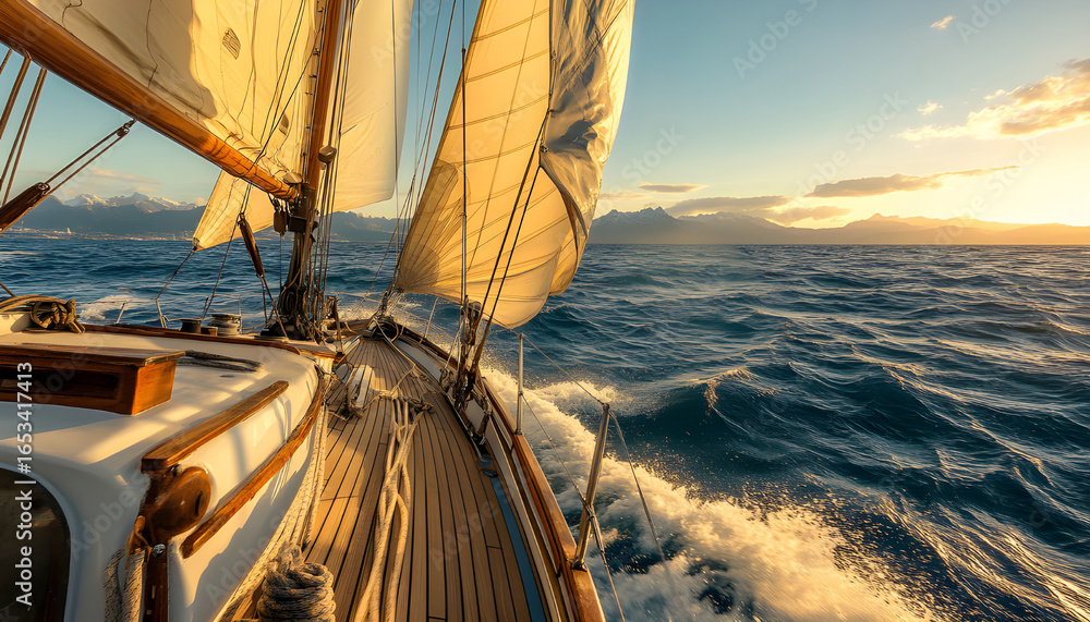 Fototapeta premium Yacht Sailing against sunset. Sailboat. Travel