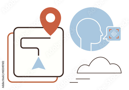 GPS pin on a map path, human head with speech recognition waveform, and a cloud symbol. Ideal for navigation, voice commands, technology, cloud computing, communication, innovation digital tools