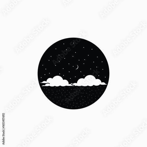 Night sky with moon and clouds logo stars crescent moon