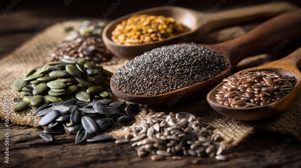 Obraz premium Assorted Superfood Seeds on Wooden Spoons