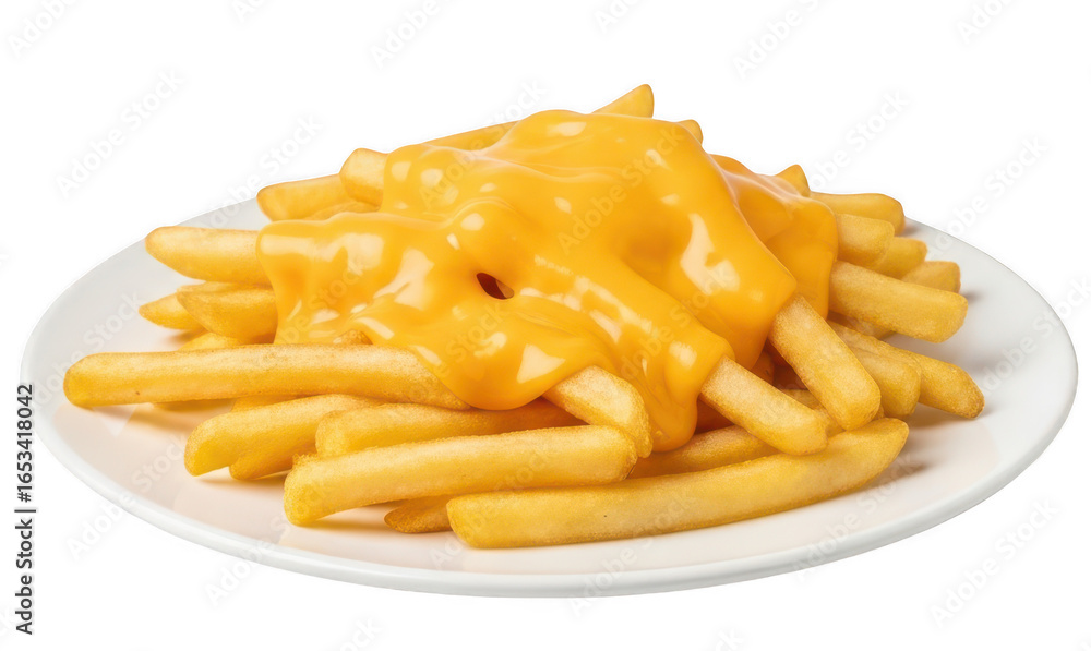 Golden, crispy fries smothered in creamy, melted cheese, a classic comfort food on a white plate, perfect for menus and advertising. Golden, crispy fries smothered in creamy, melted cheese, a classic comfort food on a white plate, perfect for menus and advertising.