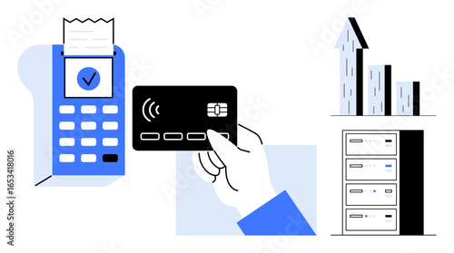 Hand using credit card on payment terminal, growth chart with upward arrow, and data servers. Ideal for finance, payment processing, technology, analytics, business growth, data security simple