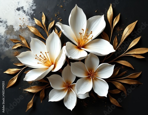 Luxurious illustration of delicate white flowers with golden leaves on dark, textured background. This floral artwork evokes elegance, sophistication, perfect for modern or vintage decor applications.