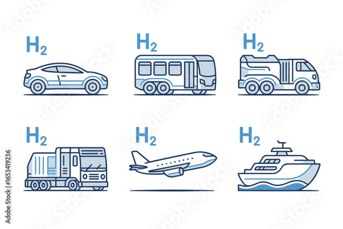 Hydrogen powered transportation icons on white background