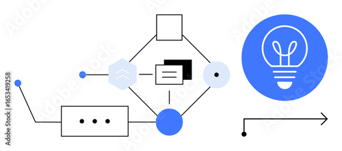 Geometric shapes, lines, and icons forming process flow ending in a blue light bulb signifying ideas. Ideal for innovation, brainstorming, strategy, process design, creativity, teamwork simple