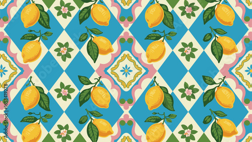 Italian majolica pattern with lemons and flowers fruit