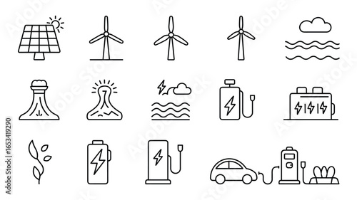 Renewable Energy and Ecology Icons Line Art solar panel