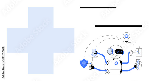 Robot with multiple arms performing healthcare tasks thumbs up diagnostics, lab research, and safety scanning. Ideal for healthcare innovation, AI in medicine, technology, data science, automation