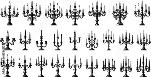 Twenty‑four candelabra silhouettes in varied styles and arm designs, black vector illustration for decorative, vintage, lighting, and interior design concepts