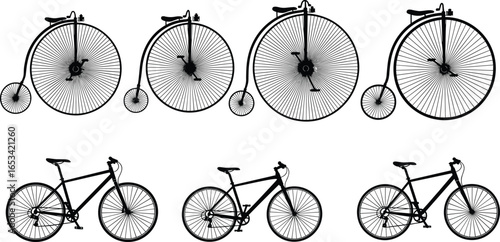 Vintage penny‑farthing and modern bicycle silhouettes, evolution of bike design vector illustration for transport history, cycling, retro, and sports concept artwork