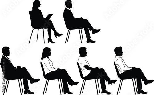 Seated people silhouettes in various postures, men and women sitting on chairs, black vector illustration for lifestyle, meeting, office, and waiting room concepts