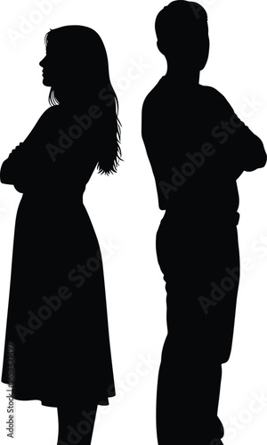 Two people silhouettes standing back‑to‑back with arms crossed, black vector illustration for lifestyle, relationship, posture, and human figure design concepts