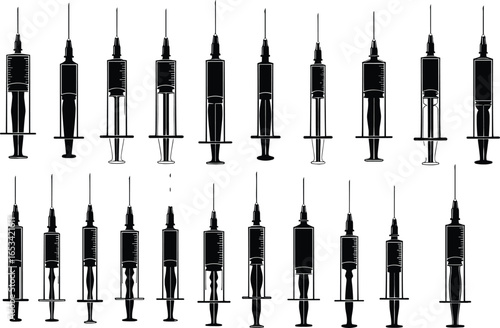 Twenty syringe silhouettes in varied designs, black vector illustration for medical, scientific, healthcare, and educational equipment design concepts