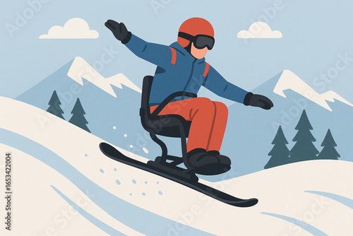 Para Snowboarder Mid Air Jump Flat Cartoon Illustration