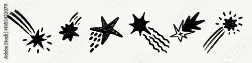 Crayon comet star set hand drawn with rough pencil texture. Meteor doodle stars with trails and sketch lines in playful style. Great for posters, wrapping paper, kids designs, fabric