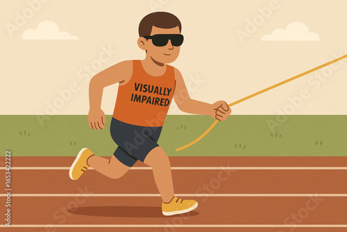 Visually Impaired Athlete Holding Guide Rope Flat Cartoon Illustration