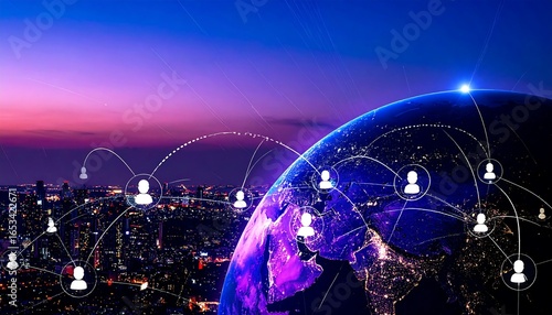 Fototapeta Naklejka Na Ścianę i Meble -  Global network connection over a city at twilight