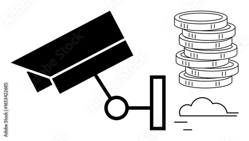 Surveillance camera pointing at stacked coins suggesting financial security, cloud at the base. Ideal for finance, security, investment, savings, surveillance, monitoring budgeting. Simple flat