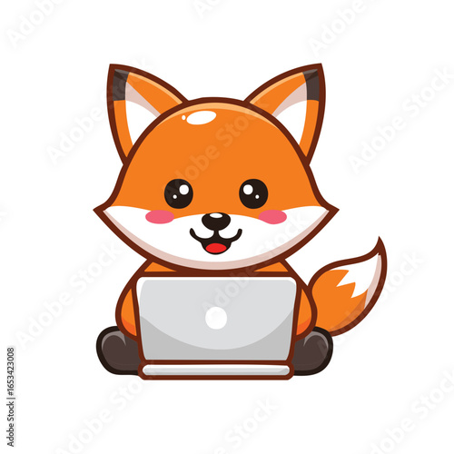 A charming fox working with a laptop, showcasing modern tech integration with a friendly, cute character. This image promotes a seamless blend of nature's grace and digital life.