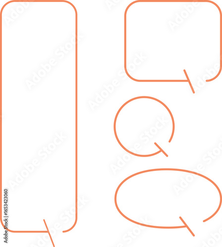 A set of simple speech bubbles for multiple images. Each of these shapes also has a gap in its outline. The square has a gap at the top right, with an arrow pointing downward. Orange color.
