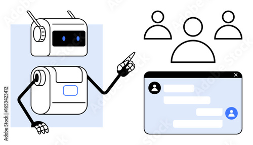 Robot pointing at messaging interface with user profiles and chat history. Ideal for AI, teamwork, communication tools, customer support, chatbots, automation, simple landing page