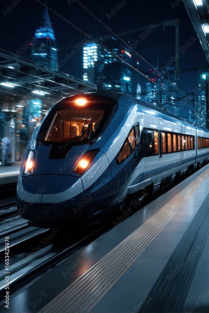 Fototapeta premium Futuristic high-speed train gliding through a vibrant cityscape with glowing digital elements, symbolizing speed and innovation.