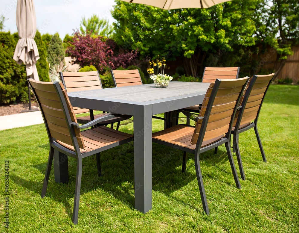 Outdoor patio furniture set on a grassy lawn Outdoor patio furniture set on a grassy lawn