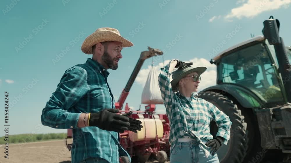 Male and female farmers discussing and planning work with a digital tablet in hands, standing near heavy agricultural machinery. Concept of smart farming, technology, teamwork, and modern agriculture. Male and female farmers discussing and planning work with a digital tablet in hands, standing near heavy agricultural machinery. Concept of smart farming, technology, teamwork, and modern agriculture.