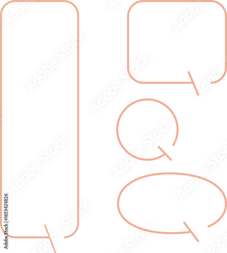 A set of simple speech bubbles for multiple images. Each of these shapes also has a gap in its outline. The square has a gap at the top right, with an arrow pointing downward. Orange color.