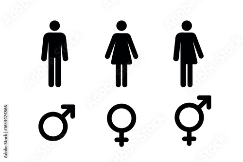 three genders icons, male female intersex signs, he she they symbol set, black vector design element