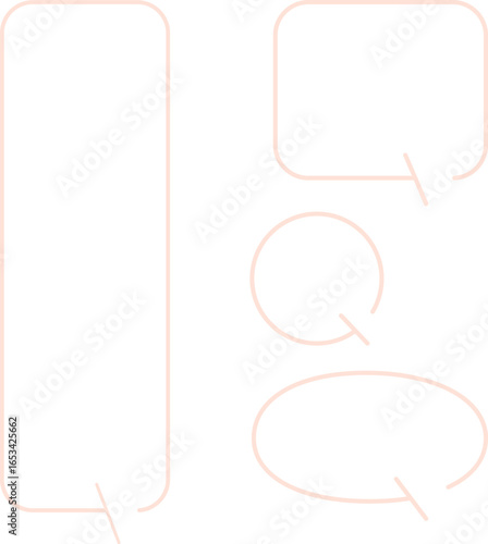 A set of simple speech bubbles for multiple images. Each of these shapes also has a gap in its outline. The square has a gap at the top right, with an arrow pointing downward. Orange color.
