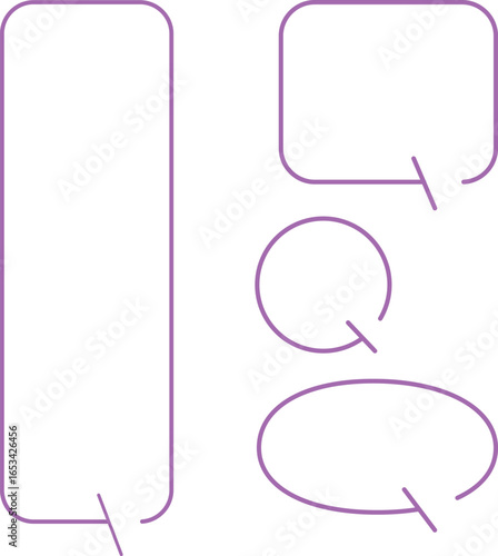 A set of simple speech bubbles for multiple images. Each of these shapes also has a gap in its outline. The square has a gap at the top right, with an arrow pointing downward. Pink color.