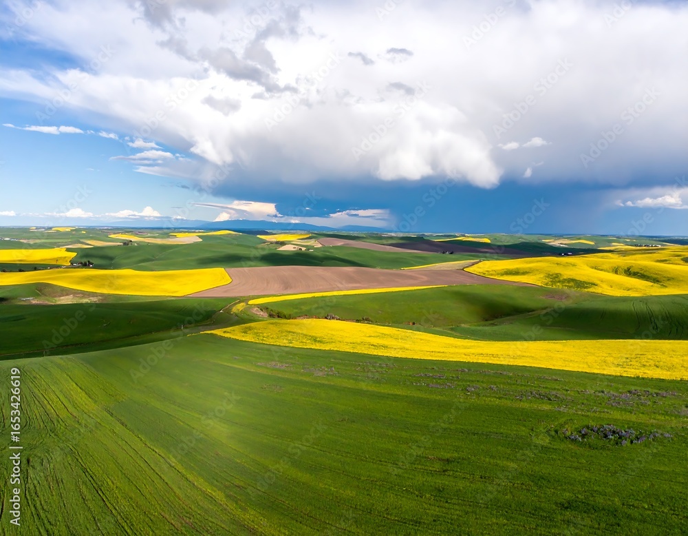 Obraz premium Panoramic view of rolling hills of vibrant farmland