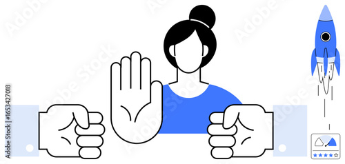 Woman raising a hand to stop two fists, rocket launching, and rating card. Ideal for conflict resolution, boundaries, teamwork, negotiation, assertiveness, progress simple flat metaphor