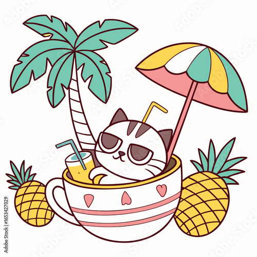 Whimsical Grumpy Cat feeling Dreamy in a Tropical setting with sitting in a teacup ride – colored in Tropical Vibes