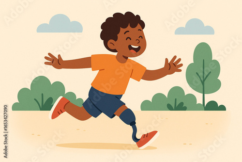 Child with Prosthetic Leg Playing Tag Flat Animated Illustration