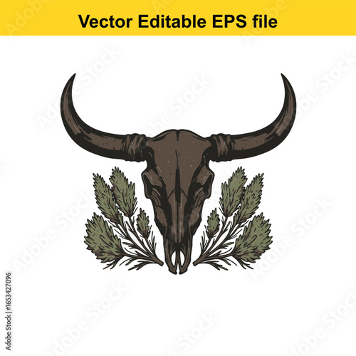Bull skull with horns and foliage isolated on white background