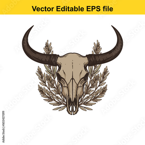 Bull skull with horns and foliage isolated on white background
