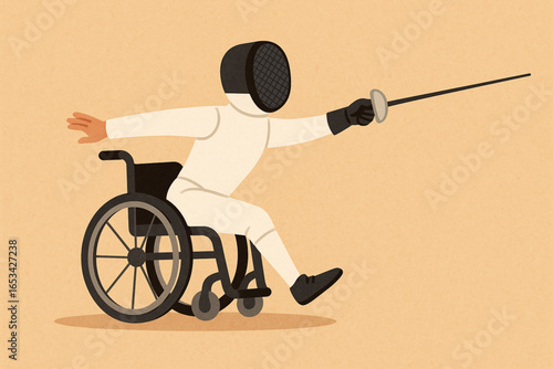 Disabled Fencer Lunging with Sword Flat Cartoon Illustration