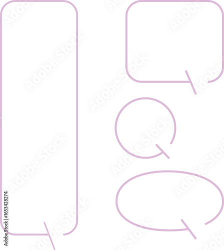 A set of simple speech bubbles for multiple images. Each of these shapes also has a gap in its outline. The square has a gap at the top right, with an arrow pointing downward. Pink color.