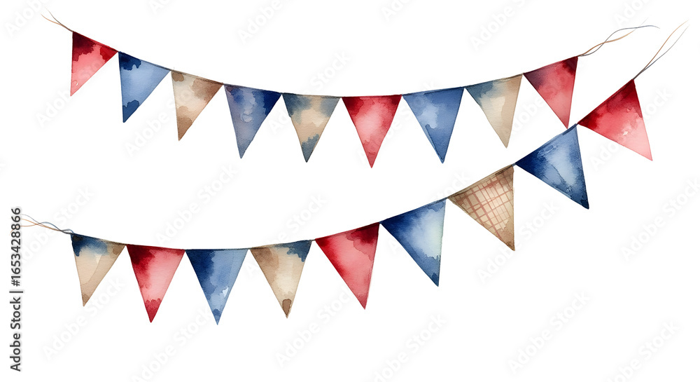 Fototapeta premium Bunting Flag. Watercolor illustration of triangular garland in pastel blue, red and yellow colors. Drawing of pennants for Baby shower party greeting cards or party invitation cards. Cute hanging
